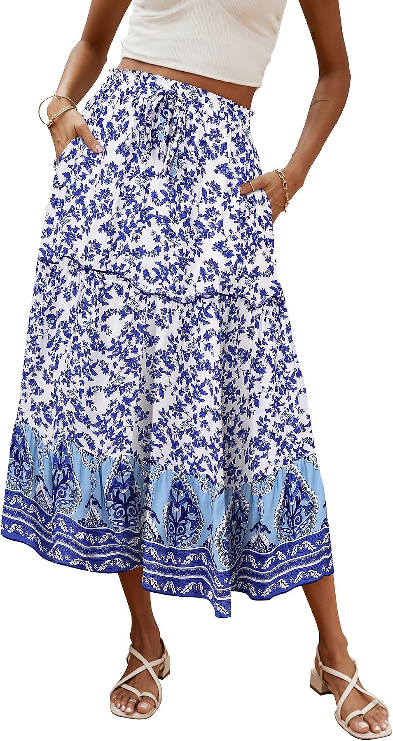 Évelyne Jupe Maxi – Jupe Longue Bohème Fleurie Taille Haute avec Poches