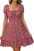 Isaline Robe Femme – Robe Courte Fleurie à Taille Haute et Manches Bouffantes