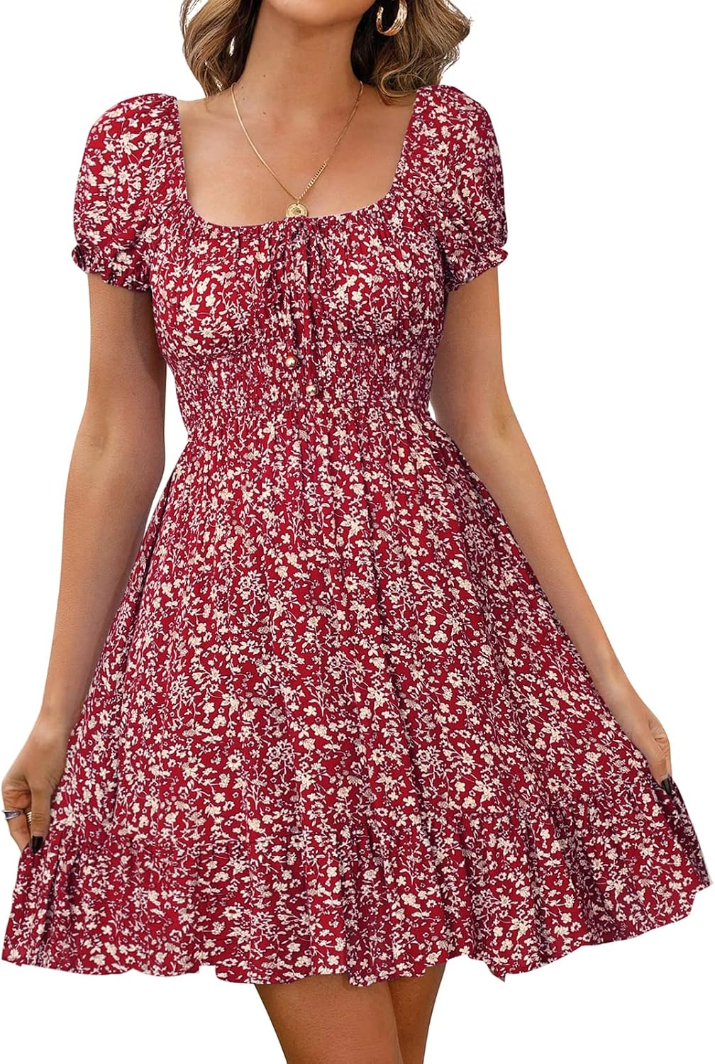 Isaline Robe Femme – Robe Courte Fleurie à Taille Haute et Manches Bouffantes