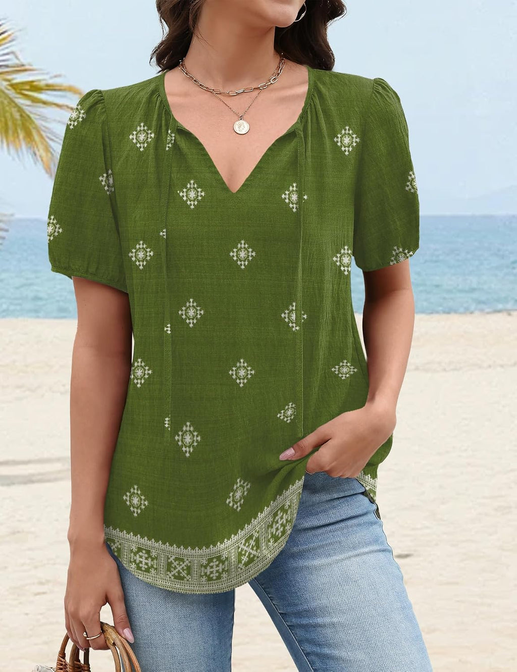 Caterina Blouse Femme – Blouse Bohème à Col V avec Liens à Nouer et Manches Courtes Bouffantes