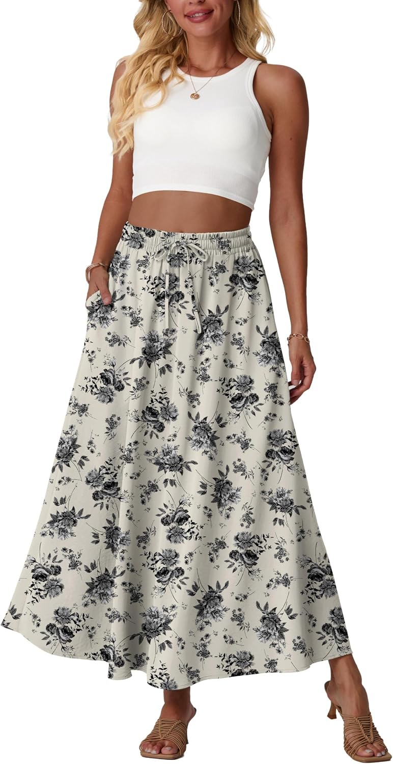 Mireille Jupe Maxi Fleurie – Jupe Longue Taille Haute Fluide avec Poches