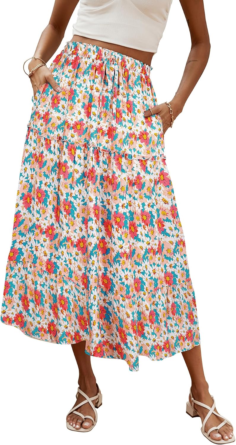 Évelyne Jupe Maxi – Jupe Longue Bohème Fleurie Taille Haute avec Poches