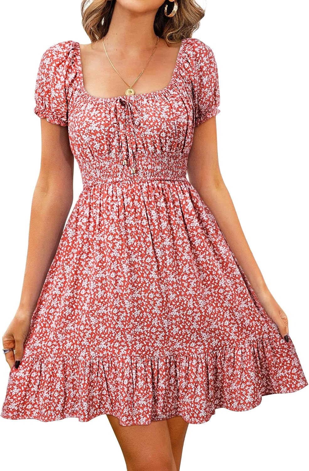 Isaline Robe Femme – Robe Courte Fleurie à Taille Haute et Manches Bouffantes