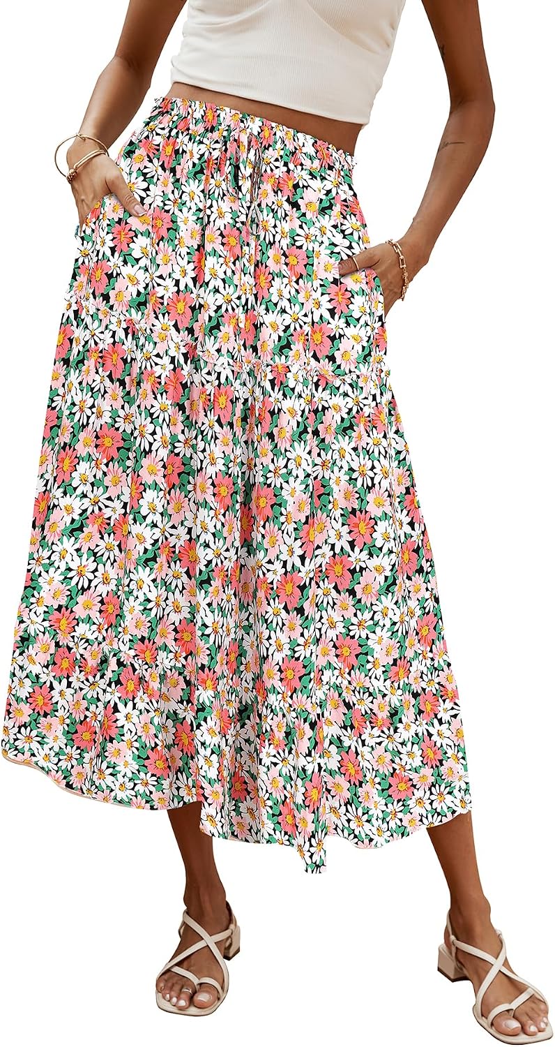 Évelyne Jupe Maxi – Jupe Longue Bohème Fleurie Taille Haute avec Poches