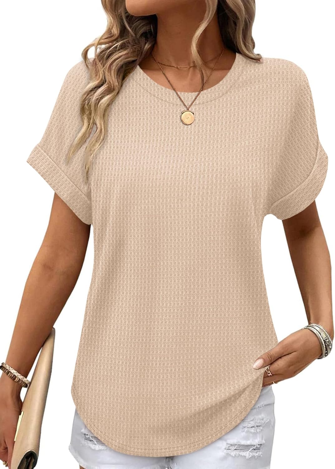 Amandine Haut Femme – T-Shirt Gaufré à Manches Revers et Ourlet Arrondi