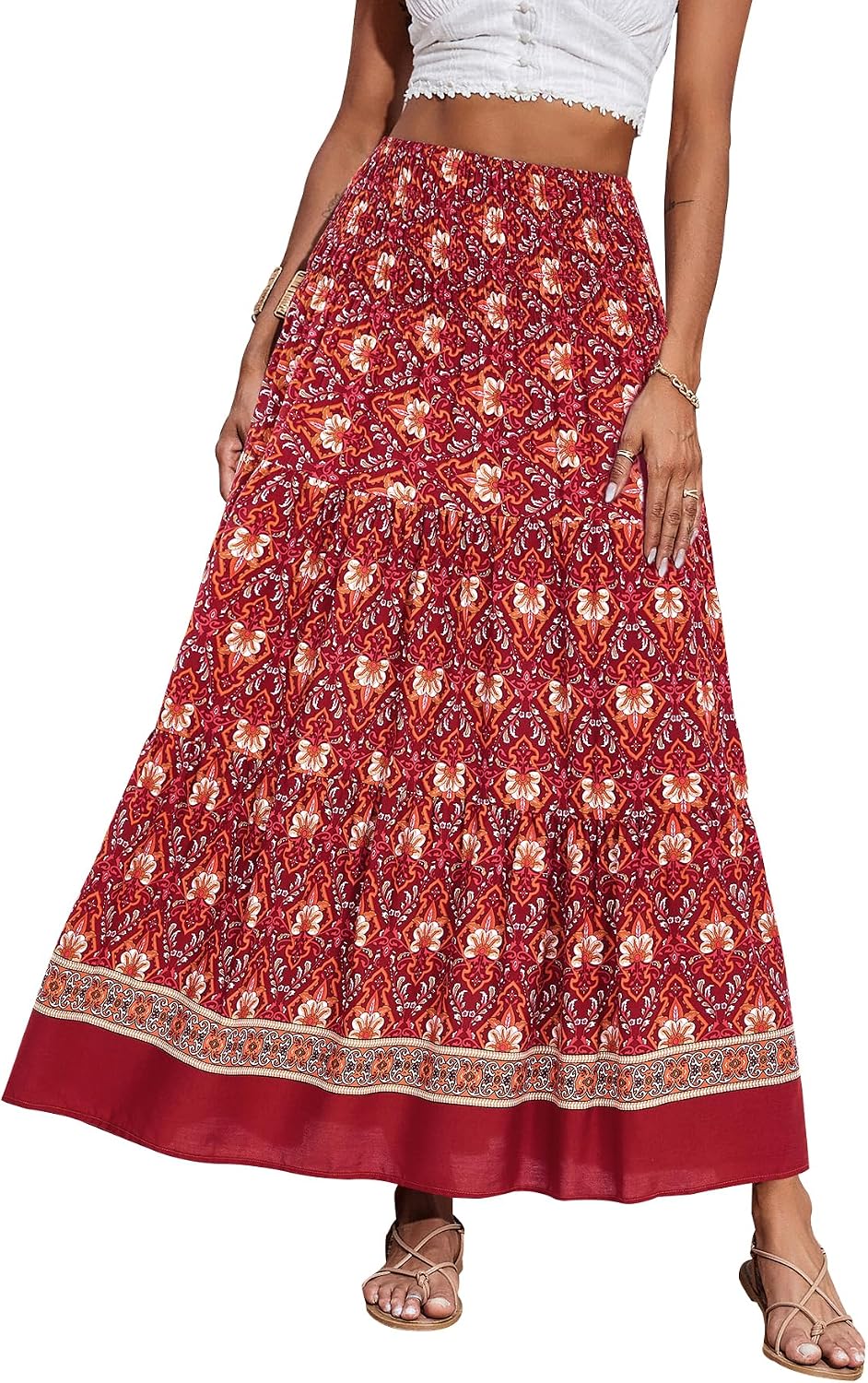 Maëlys Jupe Longue Bohème Fleurie – Jupe Maxi Évasée Taille Haute à Taille Élastique