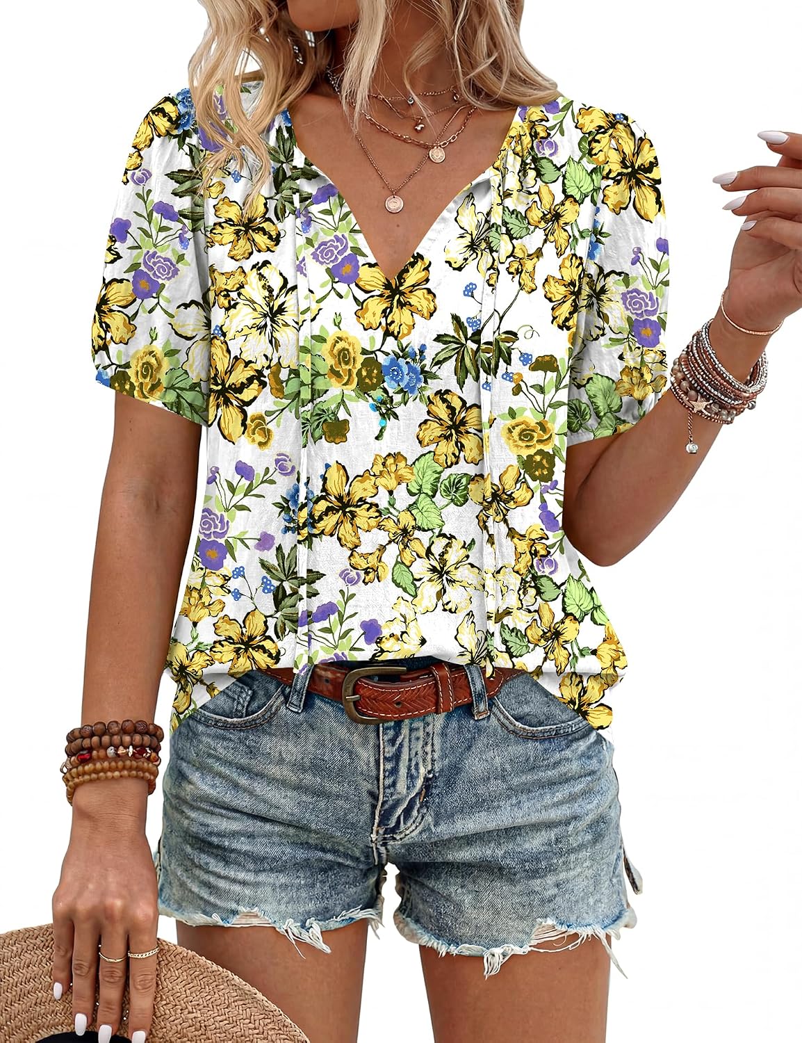 Caterina Blouse Femme – Blouse Bohème à Col V avec Liens à Nouer et Manches Courtes Bouffantes