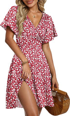 Léonie Robe Femme – Robe Évasée à Col V avec Manches Volantées et Poches