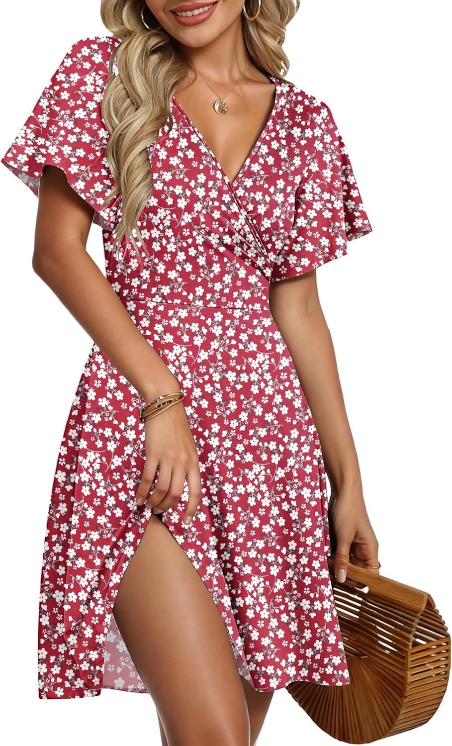 Léonie Robe Femme – Robe Évasée à Col V avec Manches Volantées et Poches