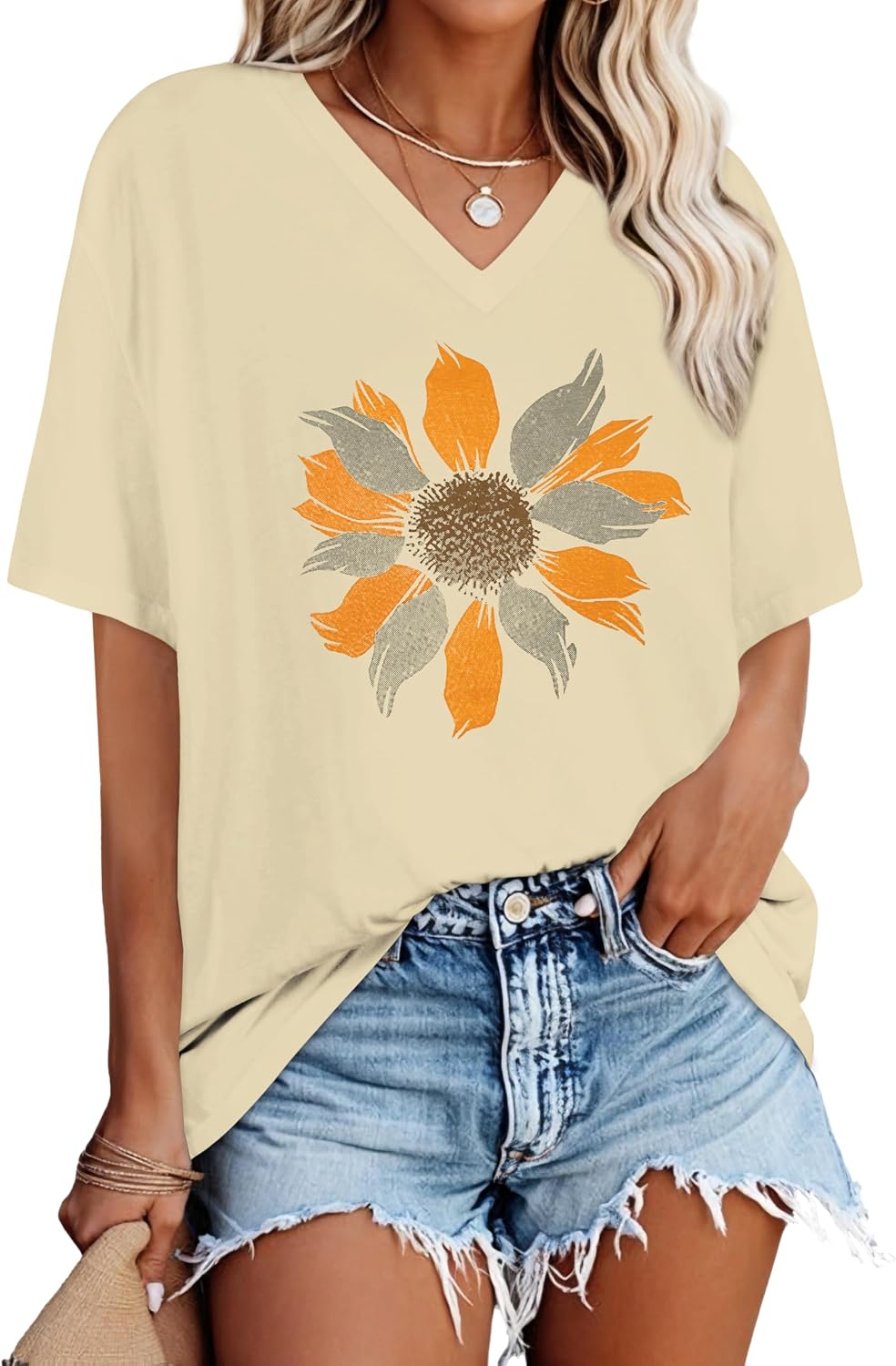 Elaine T-Shirt Oversize Femme – Haut Décontracté à Col V et Manches Courtes