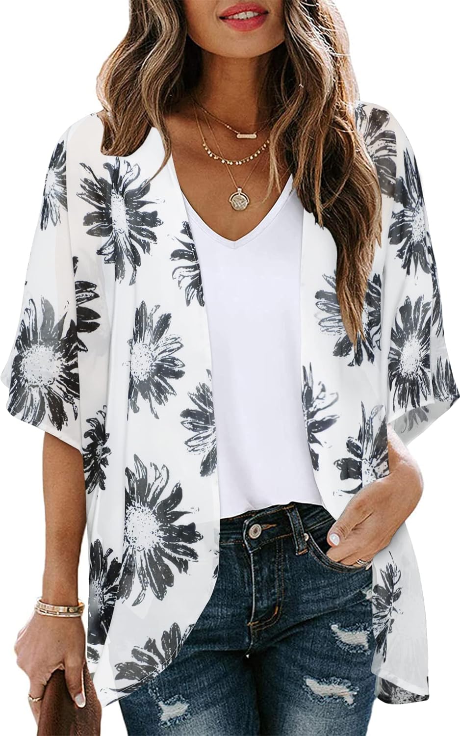 Noemi Kimono Femme – Kimono Léger en Mousseline à Imprimé Floral avec Manches 3/4