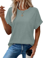 Amandine Women's Top – Textured T-Shirt with Rolled Sleeves and Rounded Hem