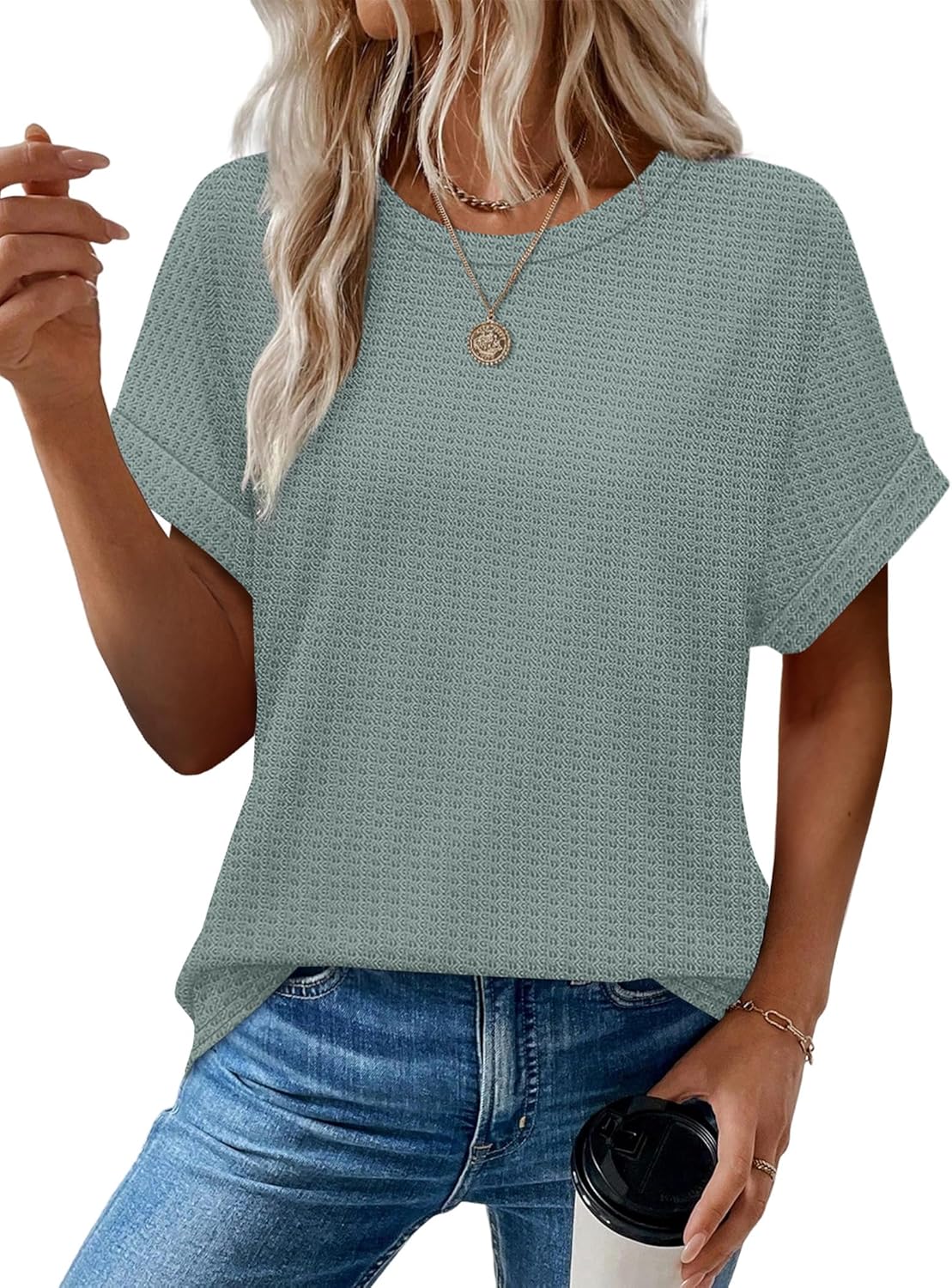 Amandine Haut Femme – T-Shirt Gaufré à Manches Revers et Ourlet Arrondi