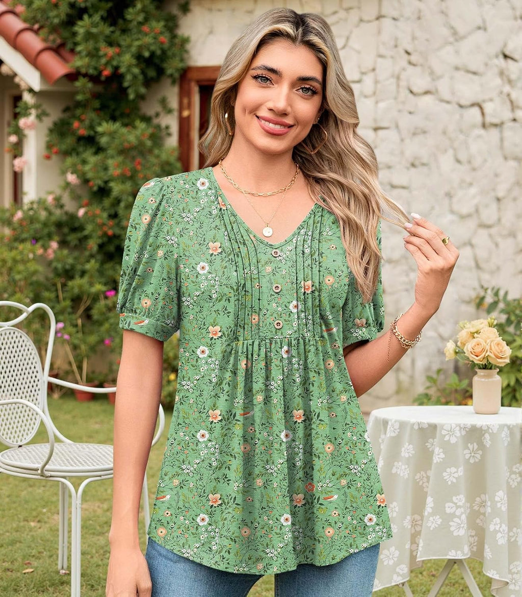 Lucille Blouse Femme – Haut à Col V avec Manches Bouffantes et Détails Boutonnés