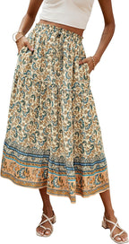 Évelyne Jupe Maxi – Jupe Longue Bohème Fleurie Taille Haute avec Poches