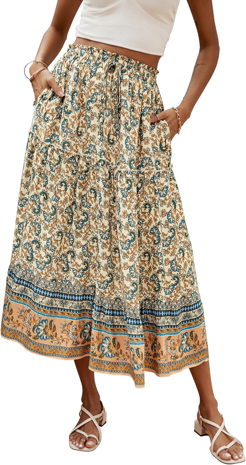 Évelyne Jupe Maxi – Jupe Longue Bohème Fleurie Taille Haute avec Poches