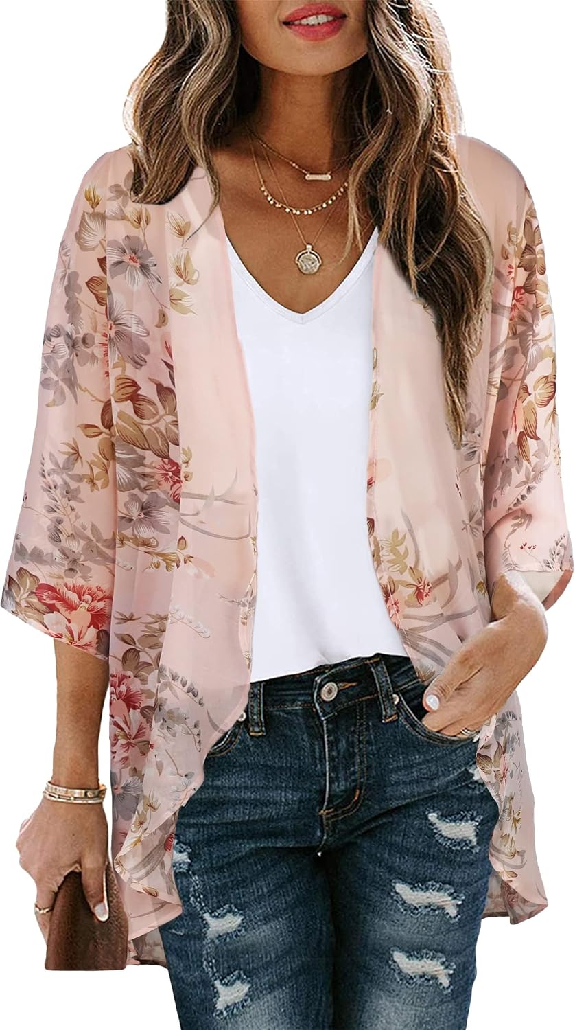 Noemi Kimono Femme – Kimono Léger en Mousseline à Imprimé Floral avec Manches 3/4