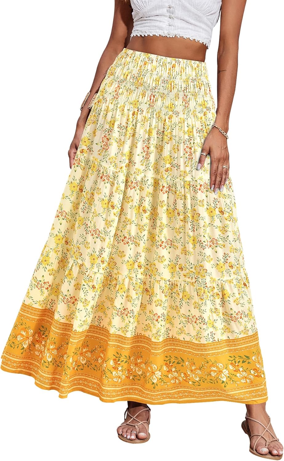 Maëlys Jupe Longue Bohème Fleurie – Jupe Maxi Évasée Taille Haute à Taille Élastique