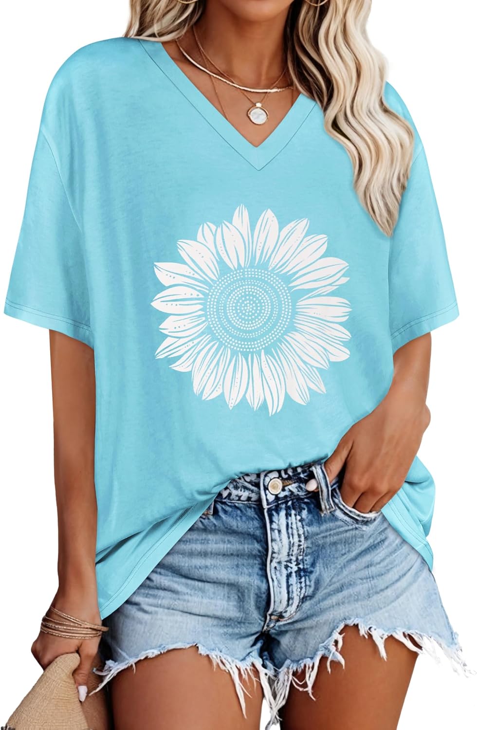 Elaine T-Shirt Oversize Femme – Haut Décontracté à Col V et Manches Courtes