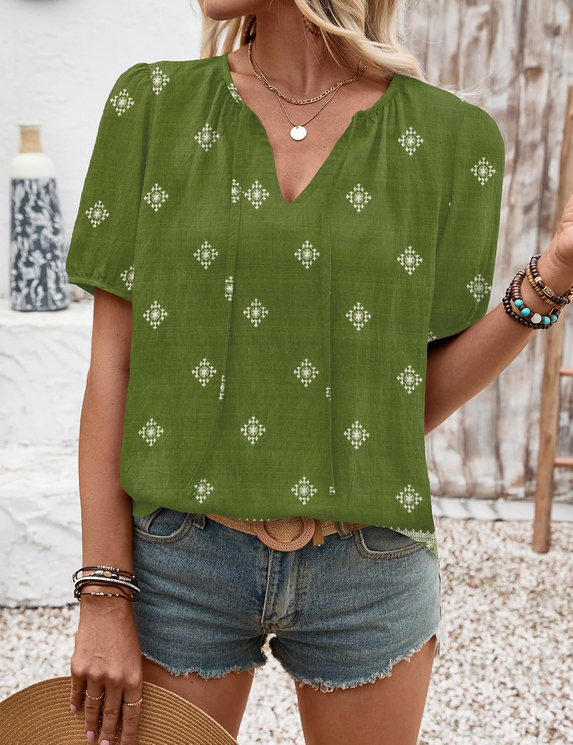 Caterina Blouse Femme – Blouse Bohème à Col V avec Liens à Nouer et Manches Courtes Bouffantes