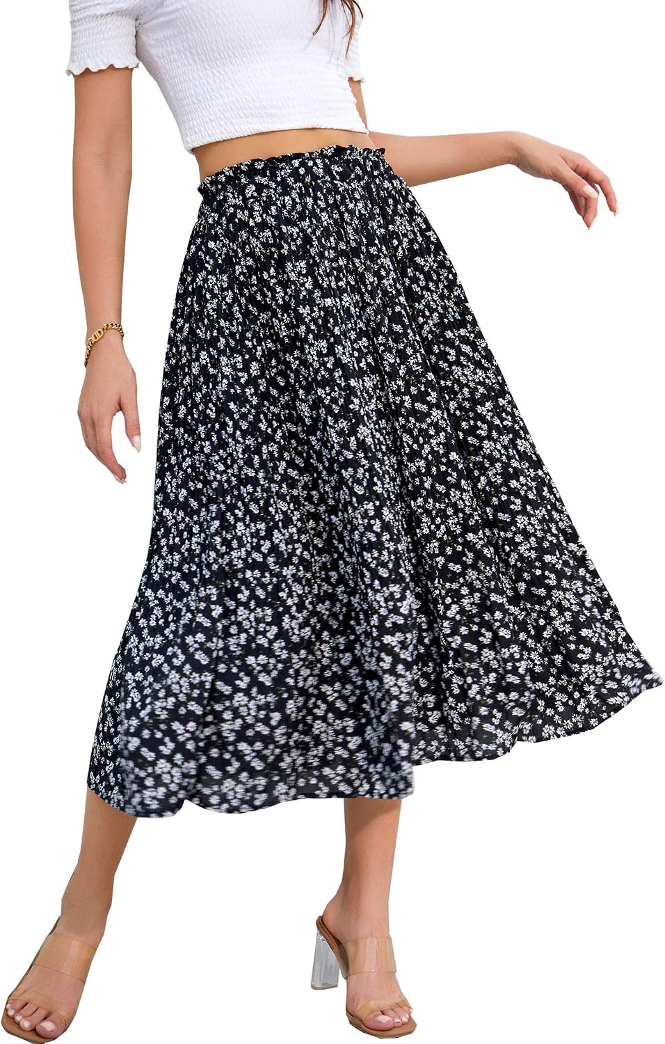 Ysaline Jupe Midi – Jupe Plissée à Pois en Mousseline avec Taille Élastique et Poches