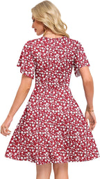 Léonie Robe Femme – Robe Évasée à Col V avec Manches Volantées et Poches