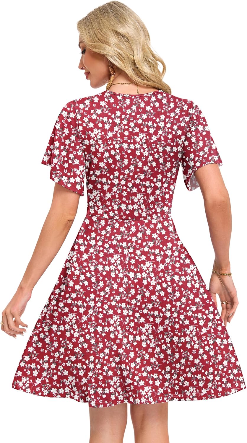 Léonie Robe Femme – Robe Évasée à Col V avec Manches Volantées et Poches