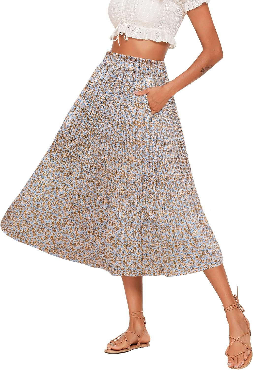 Ysaline Jupe Midi – Jupe Plissée à Pois en Mousseline avec Taille Élastique et Poches