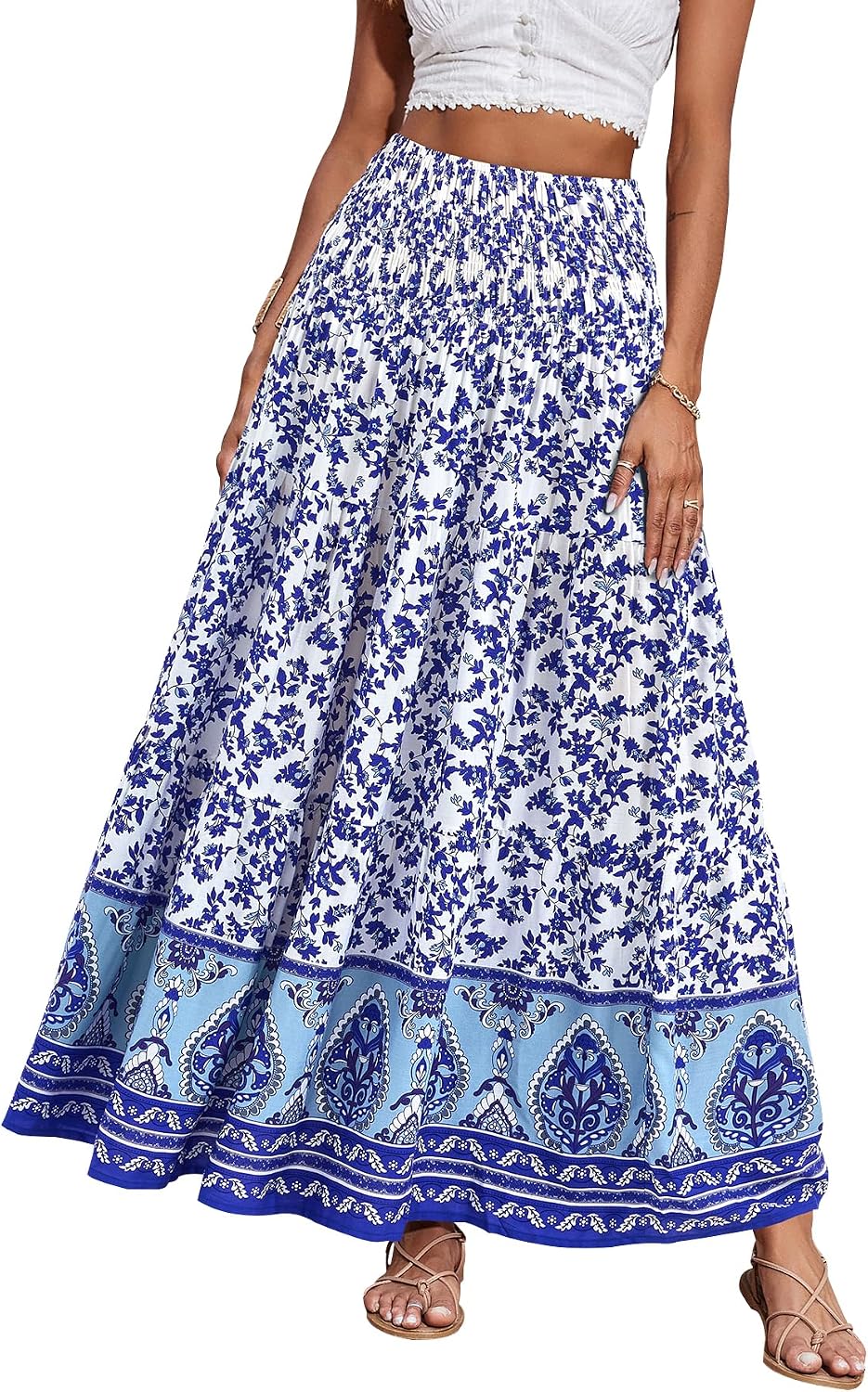 Maëlys Jupe Longue Bohème Fleurie – Jupe Maxi Évasée Taille Haute à Taille Élastique