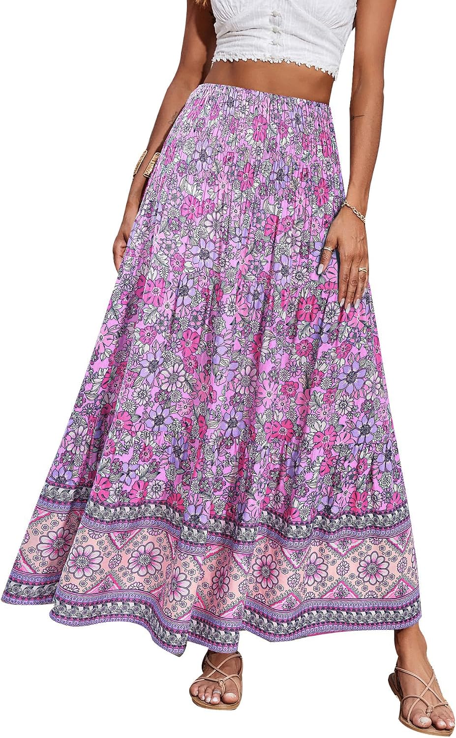 Maëlys Jupe Longue Bohème Fleurie – Jupe Maxi Évasée Taille Haute à Taille Élastique