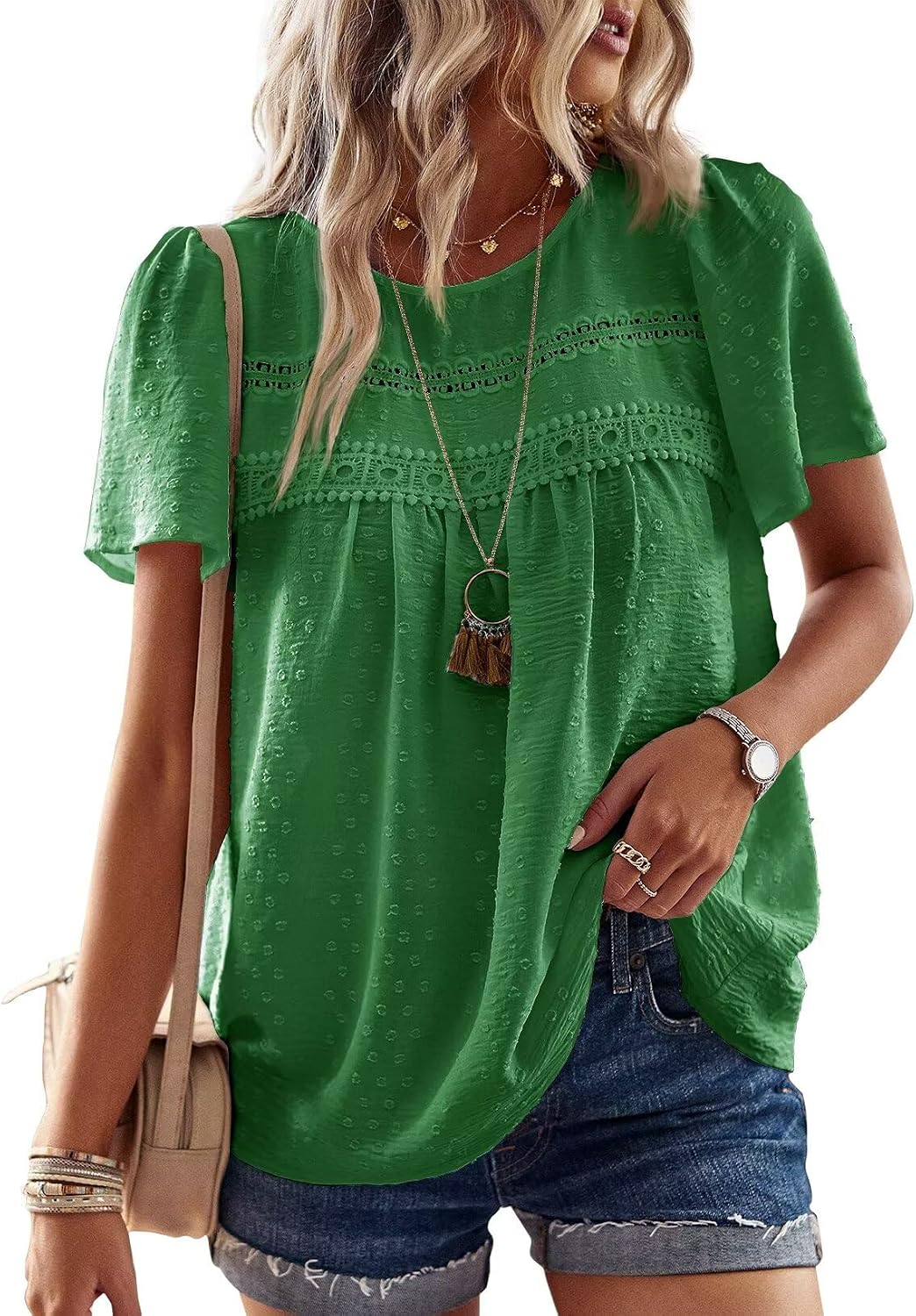 Elvira Haut Femme – Blouse Fluide à Col Rond avec Dentelle Crochetée et Manches Courtes