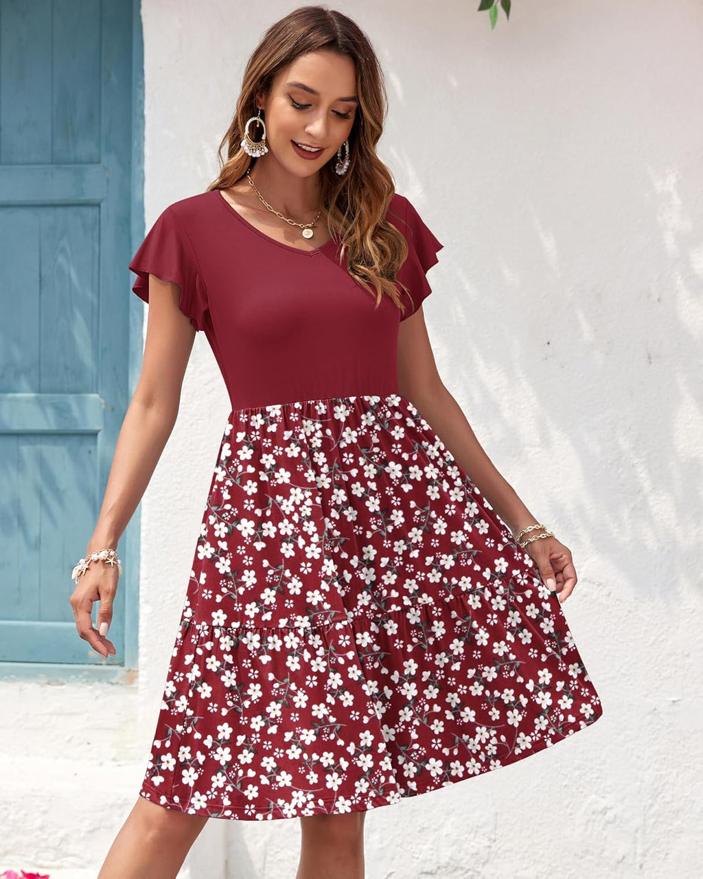 Aurélia Robe Femme – Robe Évasée à Col V avec Manches Volantées et Poches