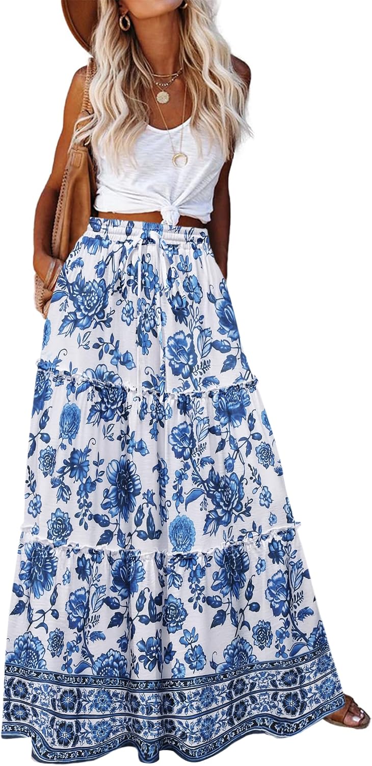Maëlle Jupe Maxi – Jupe Longue Bohème Taille Haute à Volants avec Poches