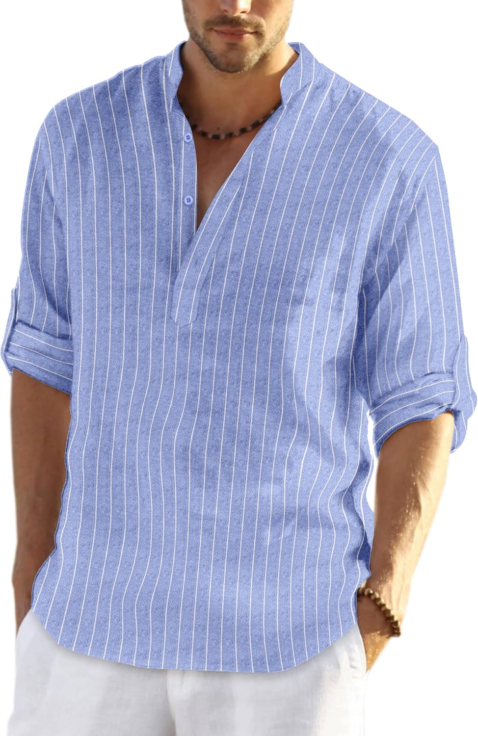 Paolo Chemise Henley en Lin Homme – Chemise Légère à Rayures pour l'Été