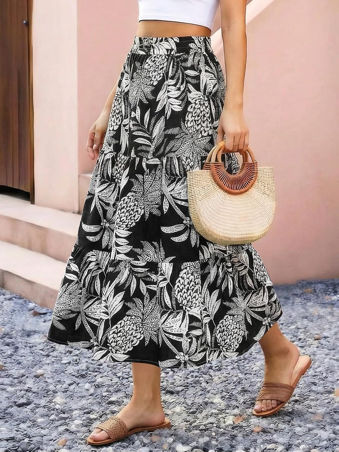 Émilie Jupe Longue Femme – Jupe Midi Évasée à Imprimé Floral avec Taille Élastique
