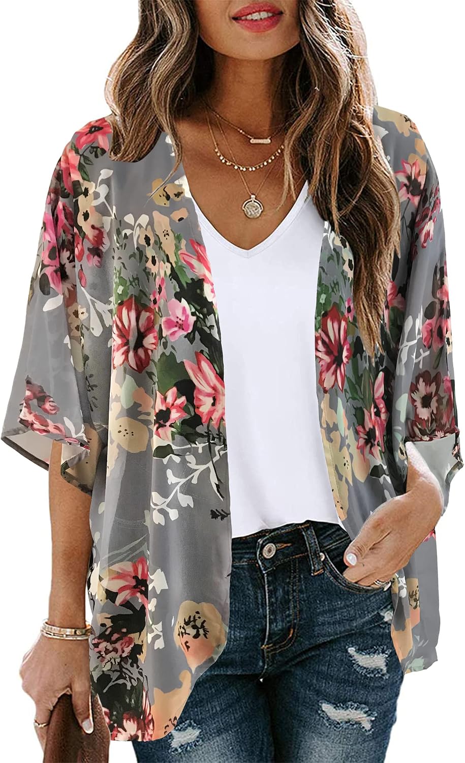 Noemi Kimono Femme – Kimono Léger en Mousseline à Imprimé Floral avec Manches 3/4