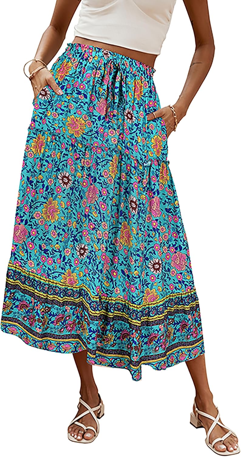 Évelyne Jupe Maxi – Jupe Longue Bohème Fleurie Taille Haute avec Poches