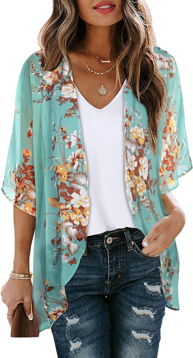 Noemi Kimono Femme – Kimono Léger en Mousseline à Imprimé Floral avec Manches 3/4