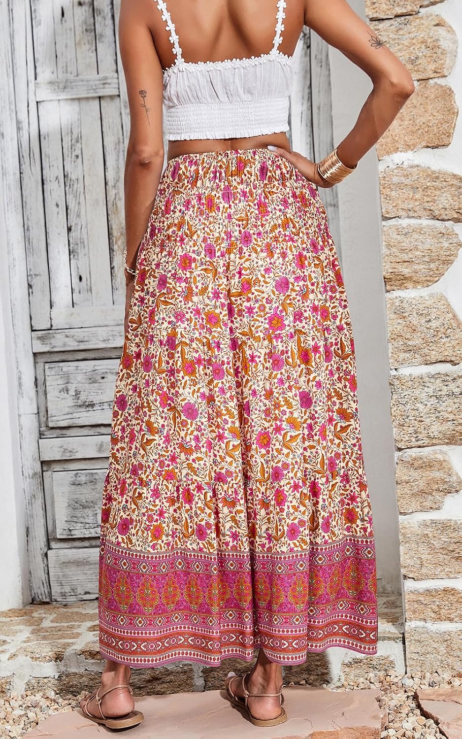 Maëlys Jupe Longue Bohème Fleurie – Jupe Maxi Évasée Taille Haute à Taille Élastique