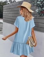 Lison Robe d'Été – Robe Courte en Mélange Coton-Lin à Col V Boutonné