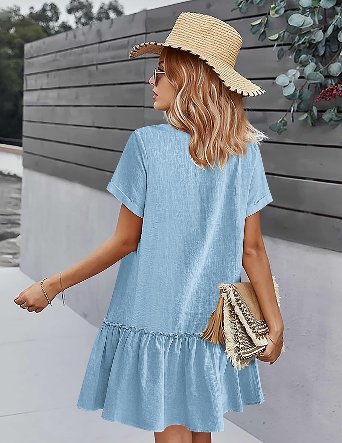 Lison Robe d'Été – Robe Courte en Mélange Coton-Lin à Col V Boutonné