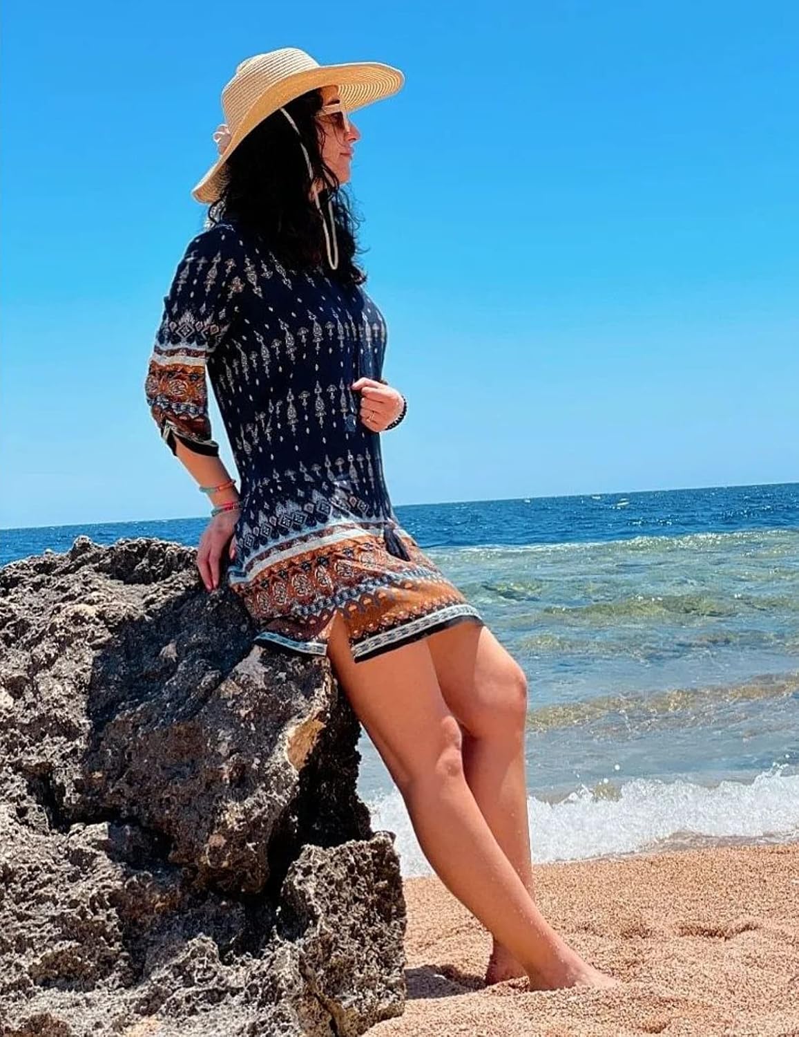 Thaïs Robe Tunique – Robe Bohème Fleurie à Col V et Manches 3/4