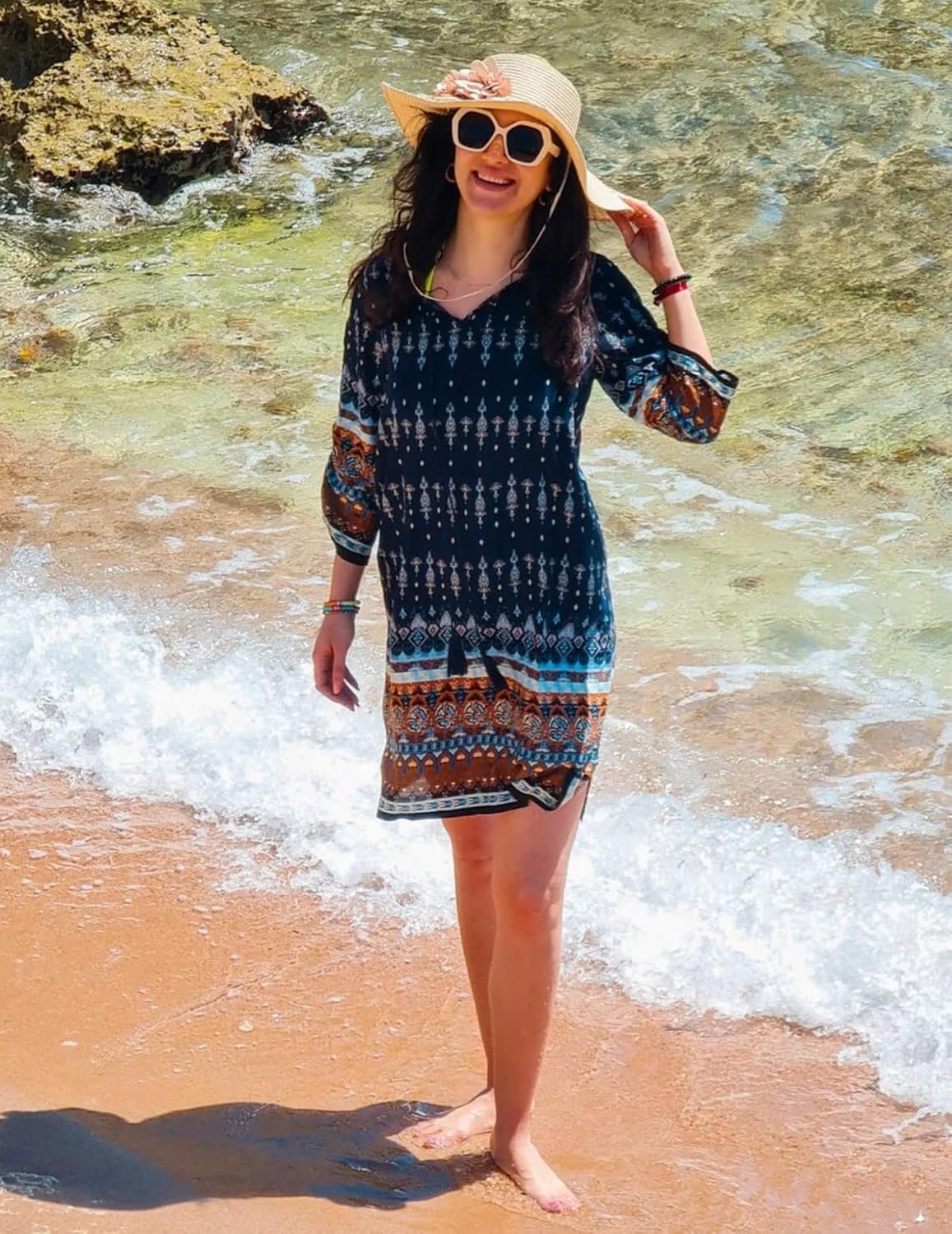 Thaïs Robe Tunique – Robe Bohème Fleurie à Col V et Manches 3/4