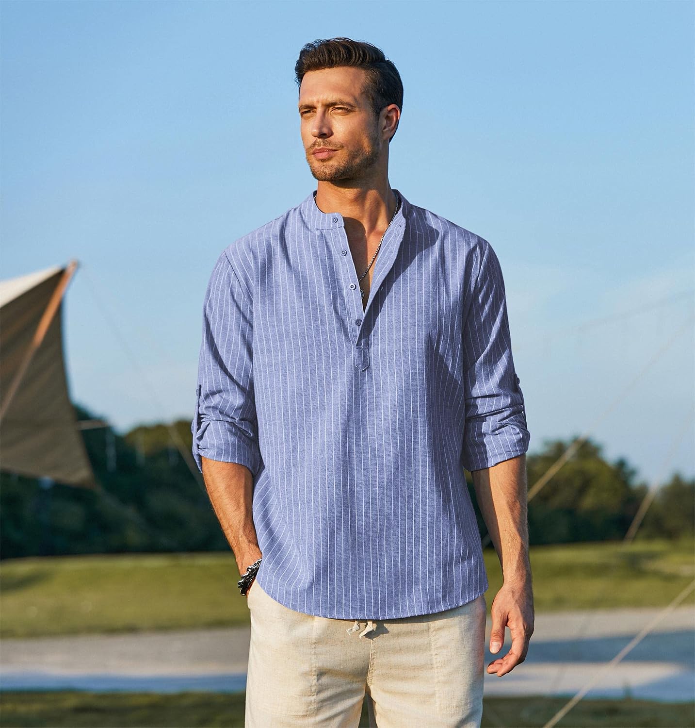 Paolo Chemise Henley en Lin Homme – Chemise Légère à Rayures pour l'Été