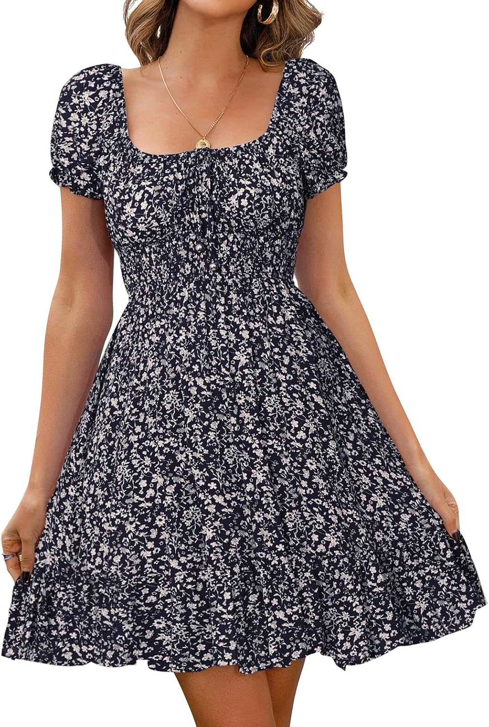 Isaline Robe Femme – Robe Courte Fleurie à Taille Haute et Manches Bouffantes