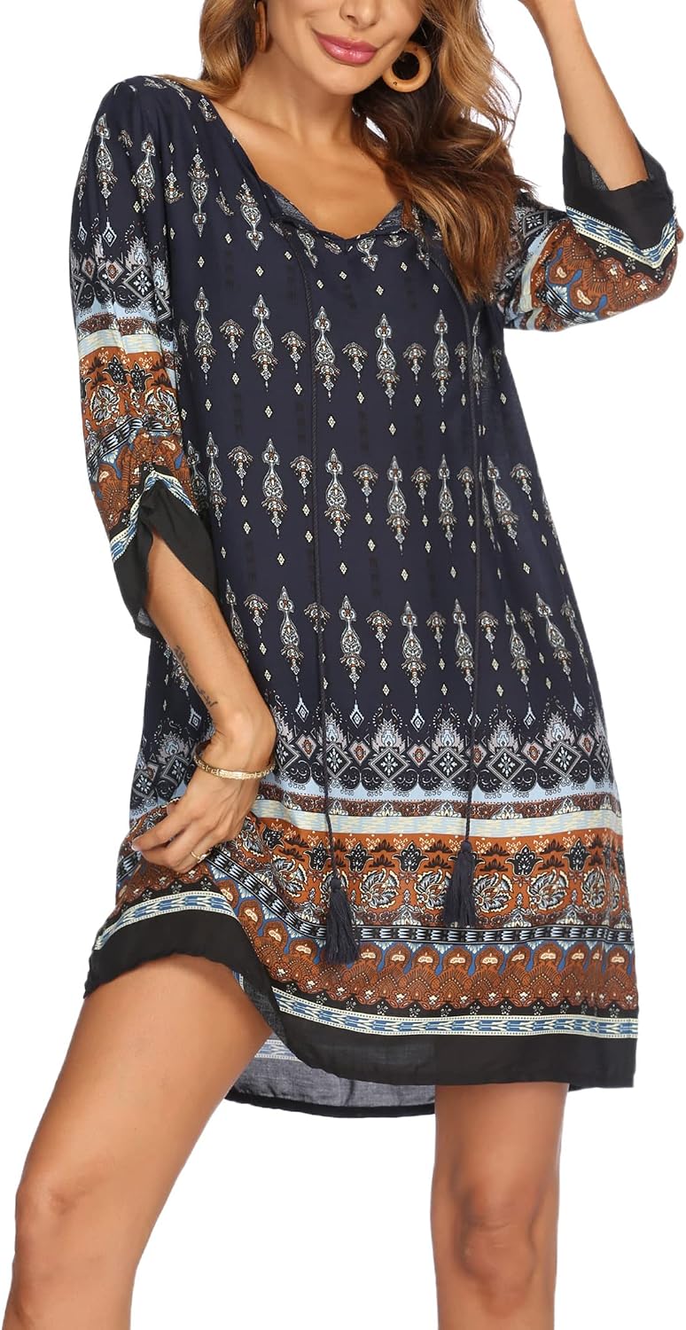 Thaïs Robe Tunique – Robe Bohème Fleurie à Col V et Manches 3/4