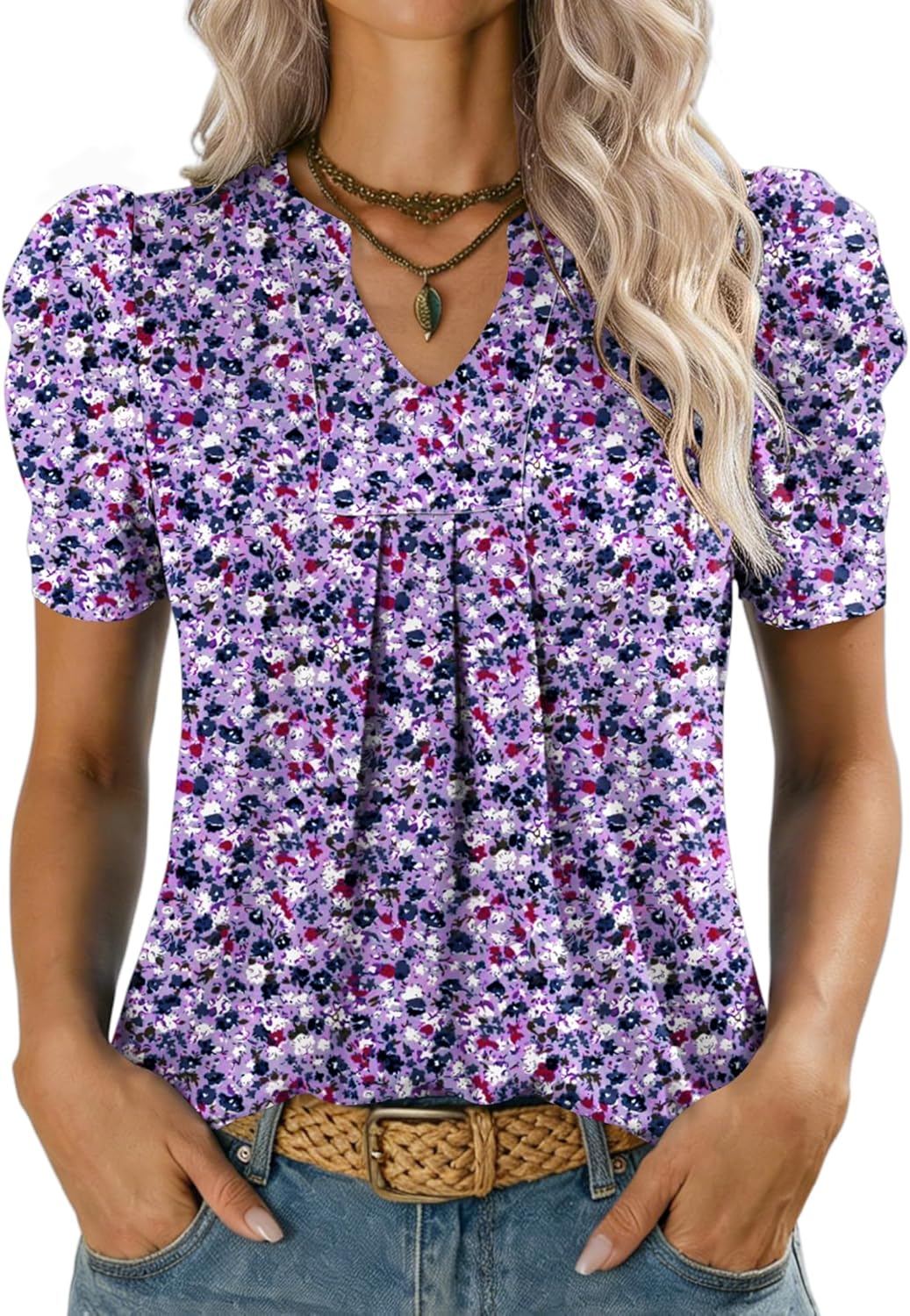 Alessia Haut Femme – Blouse à Col V avec Manches Courtes Bouffantes