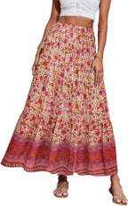 Maëlys Jupe Longue Bohème Fleurie – Jupe Maxi Évasée Taille Haute à Taille Élastique