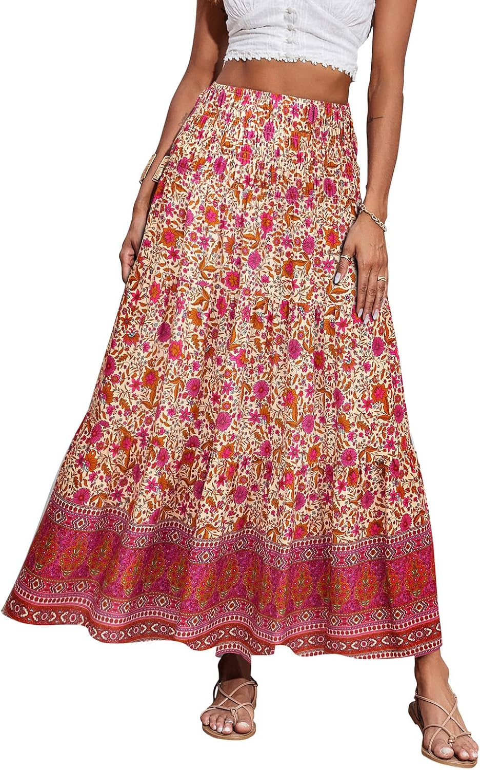 Maëlys Jupe Longue Bohème Fleurie – Jupe Maxi Évasée Taille Haute à Taille Élastique