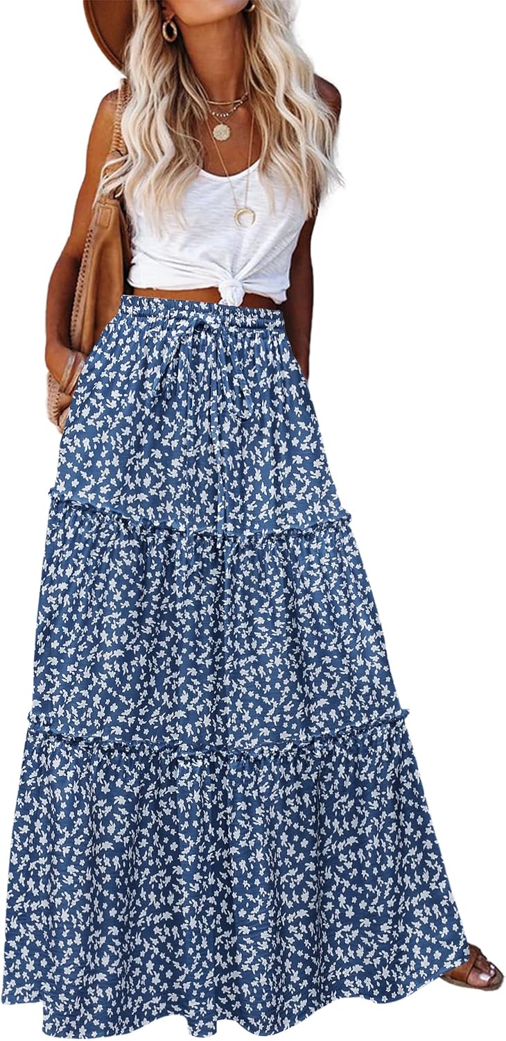 Maëlle Jupe Maxi – Jupe Longue Bohème Taille Haute à Volants avec Poches